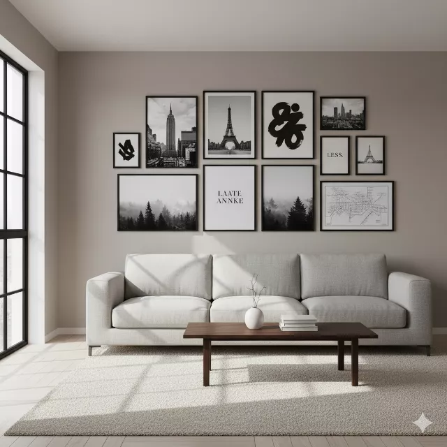 Čiernobiely obraz v modernom obývačkovom interiéri